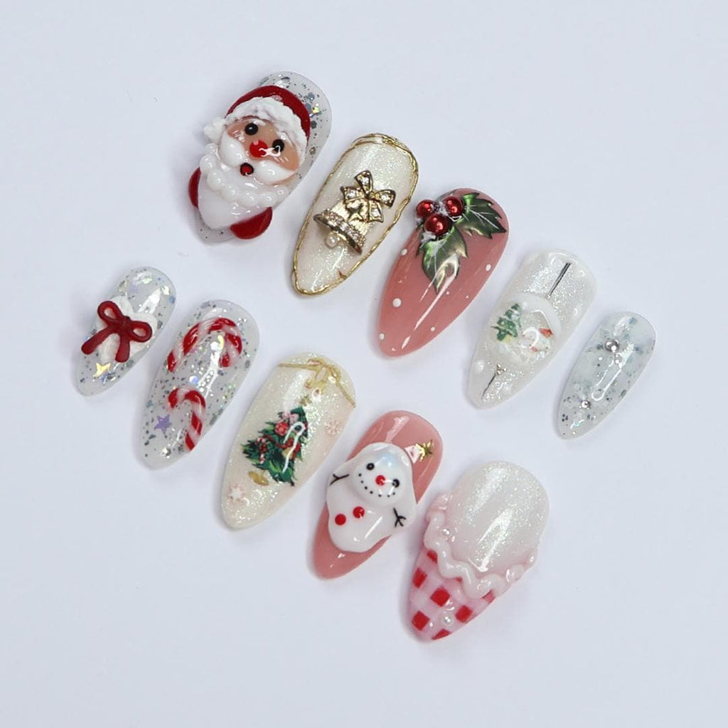 Festive Medium Almond Press-On Nails: Santa Claus, Candy Cane & Christmas Bell Designs - Perfect for Christmas Day Gifts
