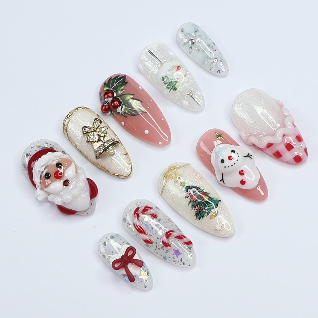 Festive Medium Almond Press-On Nails: Santa Claus, Candy Cane & Christmas Bell Designs - Perfect for Christmas Day Gifts