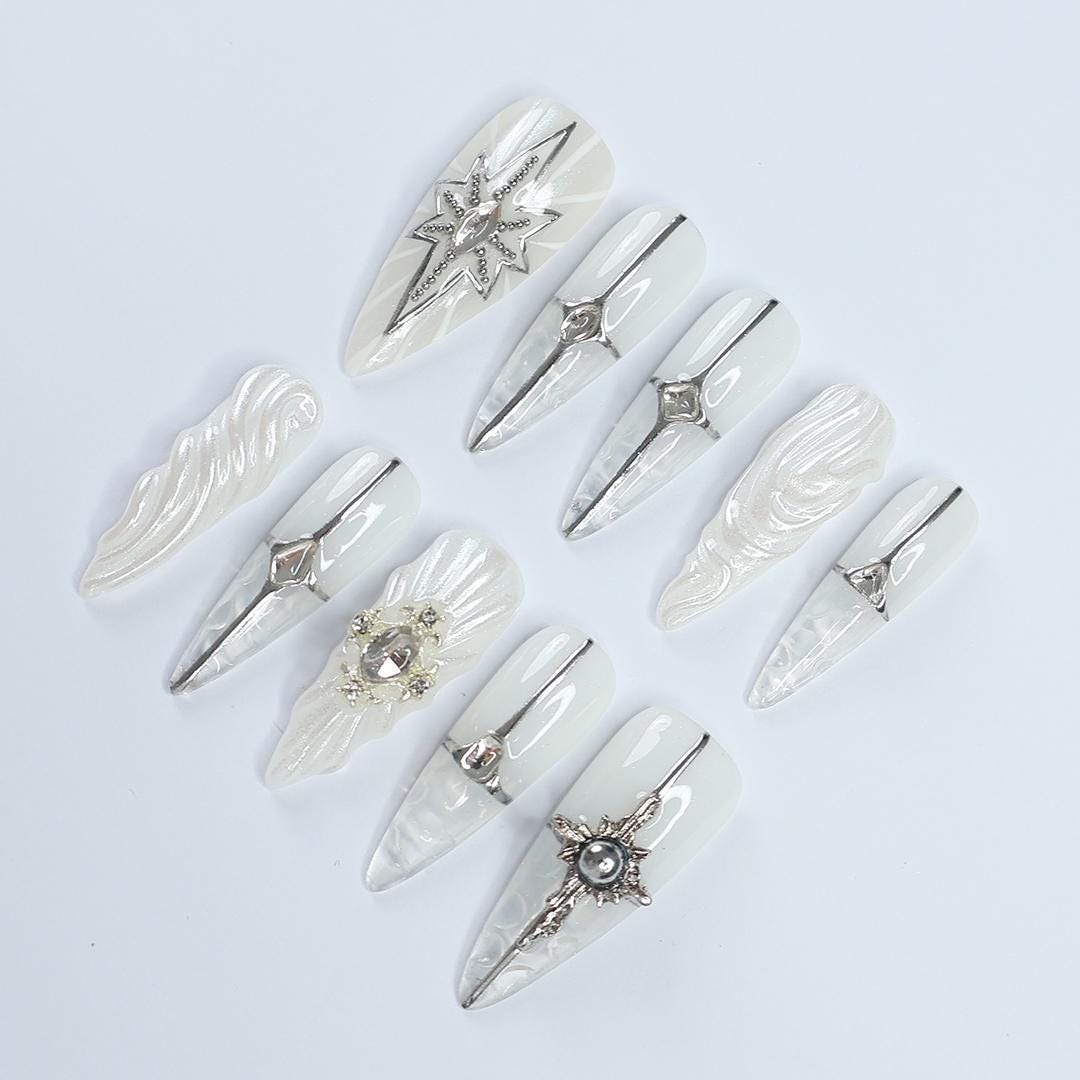 Elevate Your Holiday Style: Stunning Long Almond Press-On Nails with Silver & Chrome Lining - Perfect for Christmas Day or Gift for Her