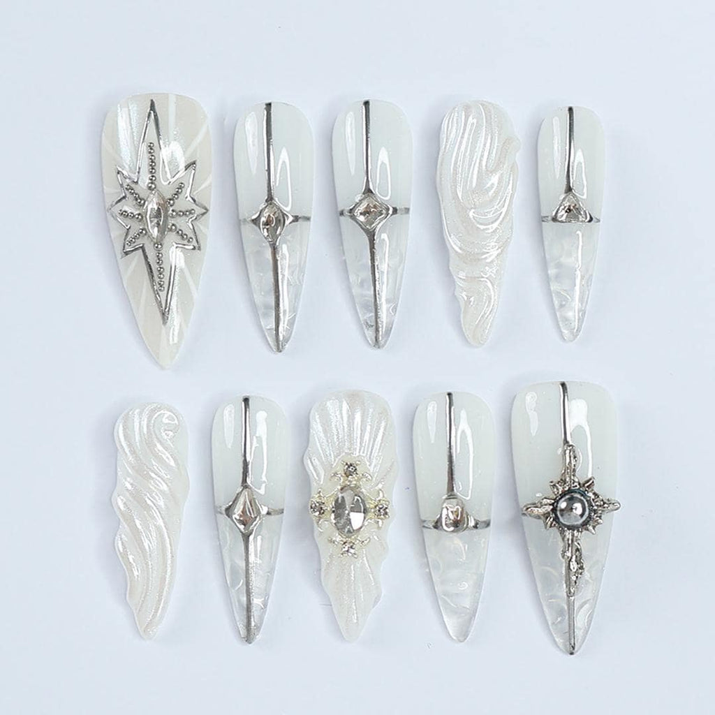 Elevate Your Holiday Style: Stunning Long Almond Press-On Nails with Silver & Chrome Lining - Perfect for Christmas Day or Gift for Her