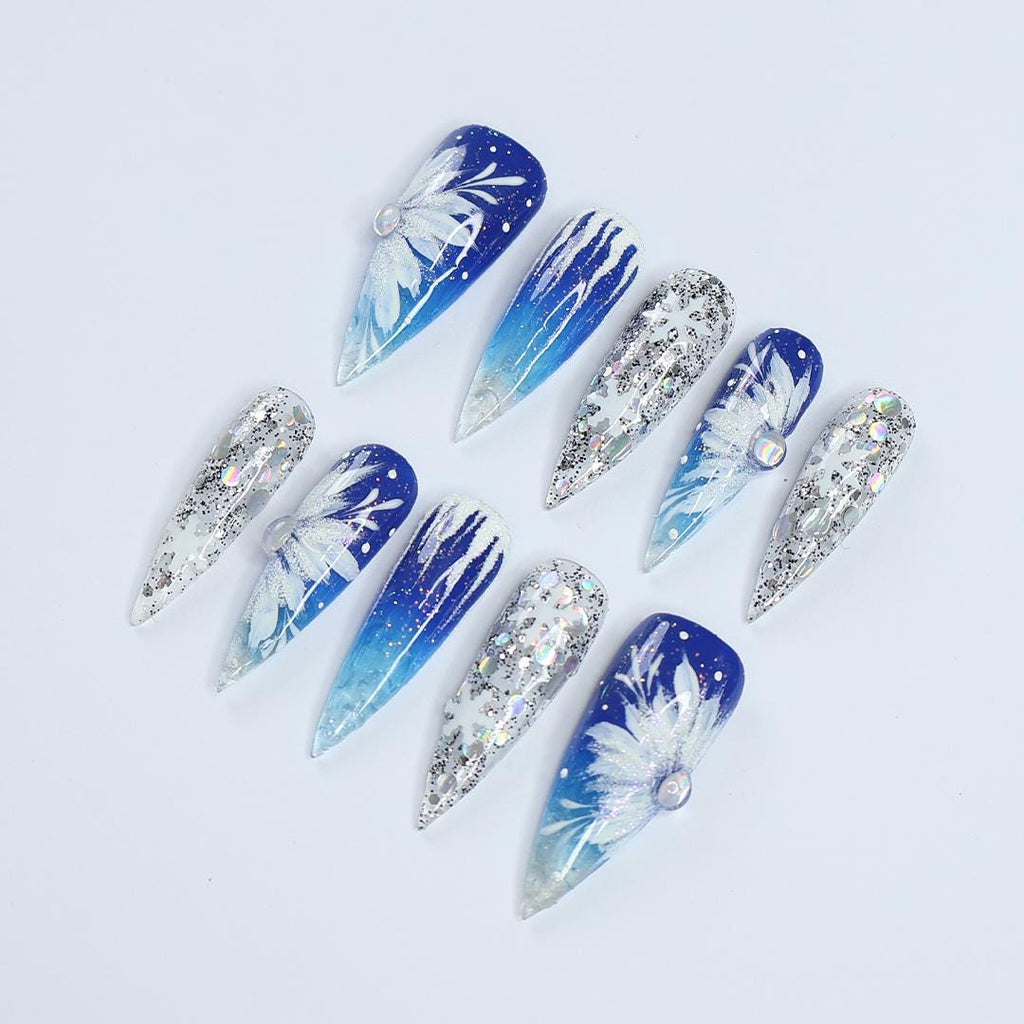 Winter Elegance: Long Stiletto Press-On Nails Adorned with White Flowers in Snow - Perfect for Christmas Day or the Ultimate Gift for Her