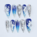 Winter Elegance: Long Stiletto Press-On Nails Adorned with White Flowers in Snow - Perfect for Christmas Day or the Ultimate Gift for Her