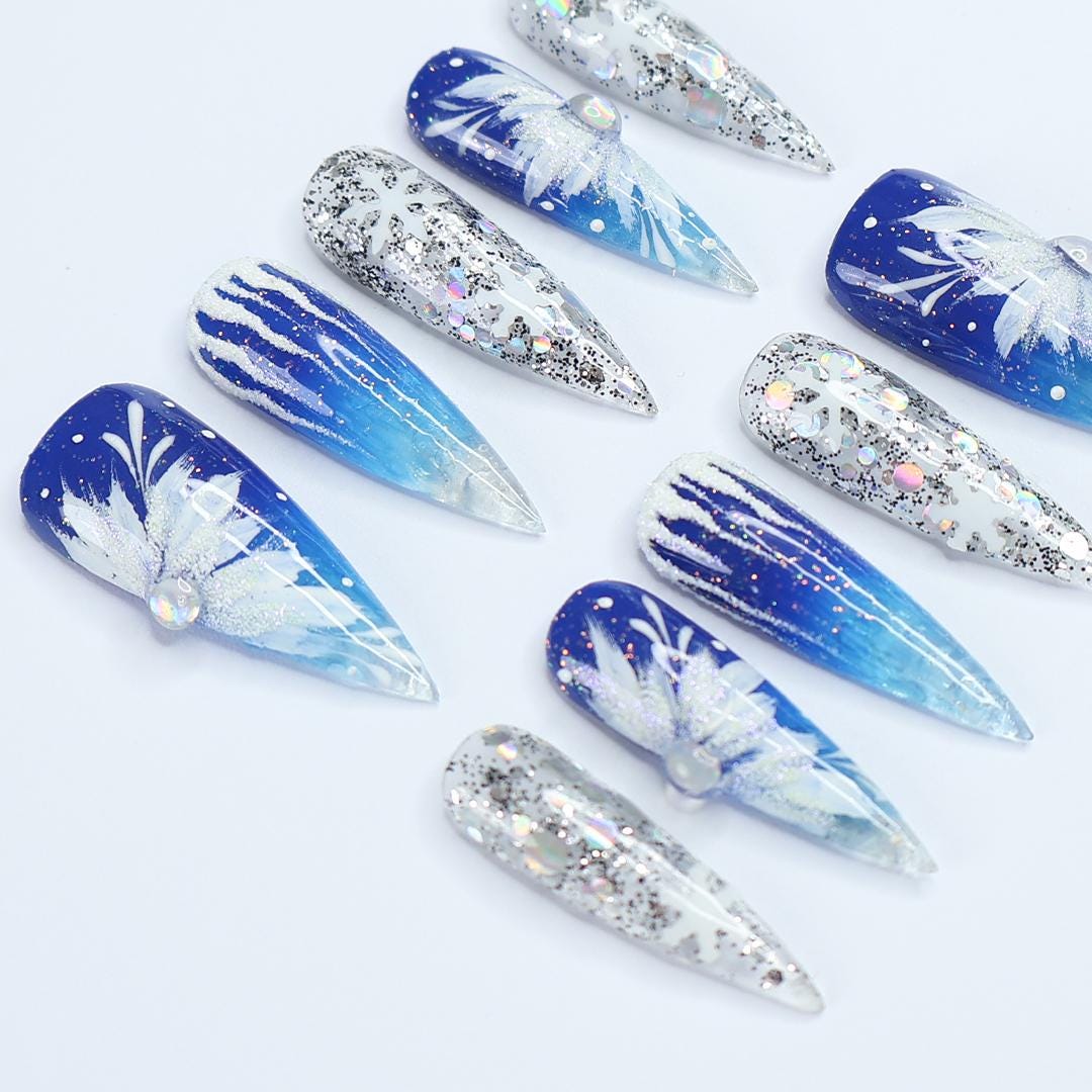Winter Elegance: Long Stiletto Press-On Nails Adorned with White Flowers in Snow - Perfect for Christmas Day or the Ultimate Gift for Her