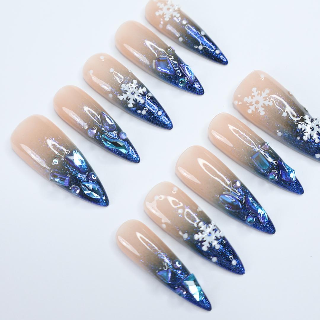 Sparkling Long Almond Press-On Nails: Blue Gems & White Snow Design Perfect for Christmas Day or a Gorgeous Gift for Her