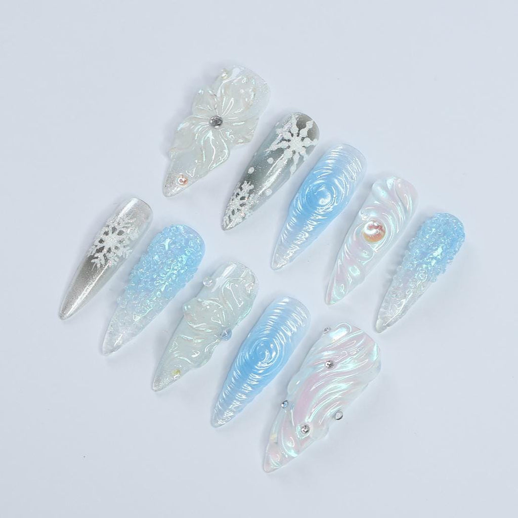 Chilly Elegance: Long Almond Press-On Nails Adorned with 3D Flowers, Perfectly Themed for Christmas Celebrations and Gifting