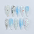 Chilly Elegance: Long Almond Press-On Nails Adorned with 3D Flowers, Perfectly Themed for Christmas Celebrations and Gifting
