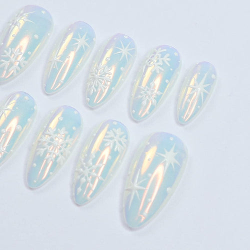 Chic Medium Almond Press-On Nails: Pearl Chrome & White Snow Design - Perfect for Christmas Day Glam or a Thoughtful Gift for Her