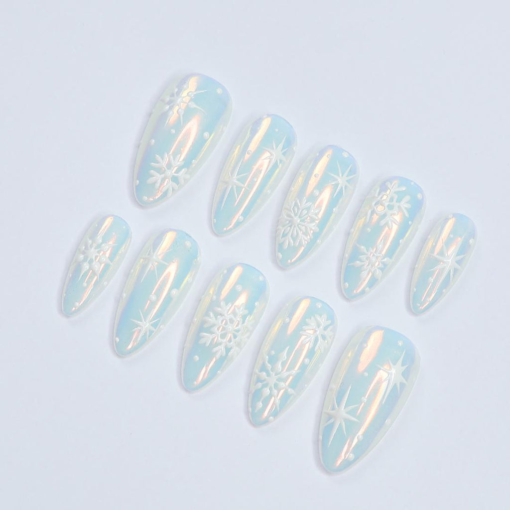 Chic Medium Almond Press-On Nails: Pearl Chrome & White Snow Design - Perfect for Christmas Day Glam or a Thoughtful Gift for Her