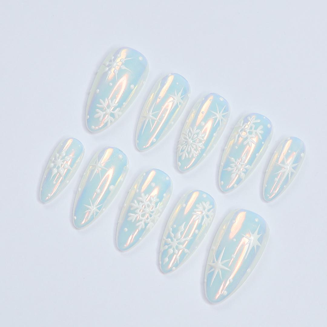 Chic Medium Almond Press-On Nails: Pearl Chrome & White Snow Design - Perfect for Christmas Day Glam or a Thoughtful Gift for Her