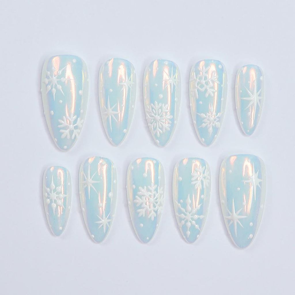 Chic Medium Almond Press-On Nails: Pearl Chrome & White Snow Design - Perfect for Christmas Day Glam or a Thoughtful Gift for Her