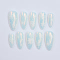 Chic Medium Almond Press-On Nails: Pearl Chrome & White Snow Design - Perfect for Christmas Day Glam or a Thoughtful Gift for Her