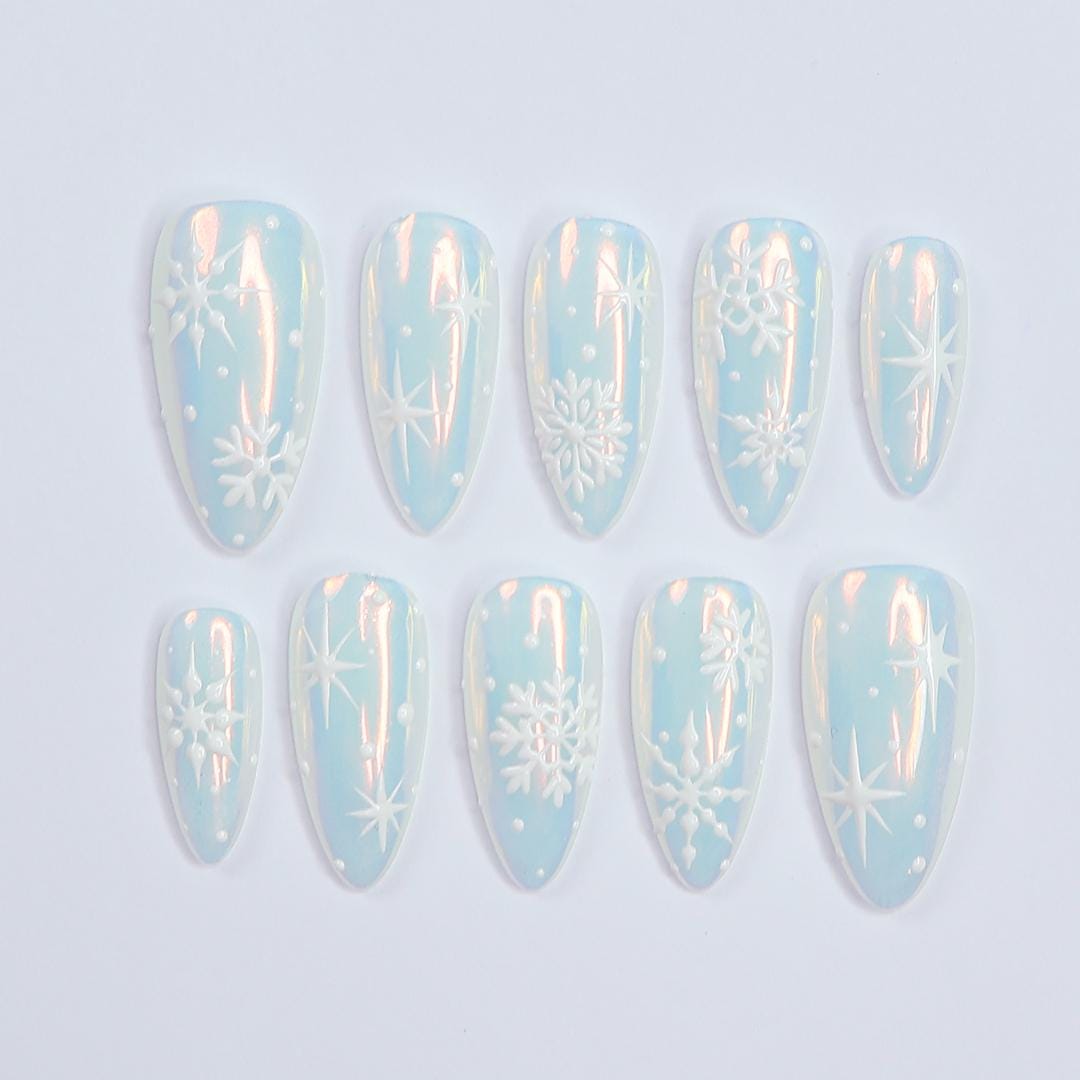 Chic Medium Almond Press-On Nails: Pearl Chrome & White Snow Design - Perfect for Christmas Day Glam or a Thoughtful Gift for Her
