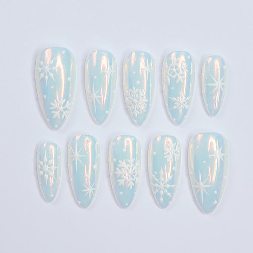 Chic Medium Almond Press-On Nails: Pearl Chrome & White Snow Design - Perfect for Christmas Day Glam or a Thoughtful Gift for Her