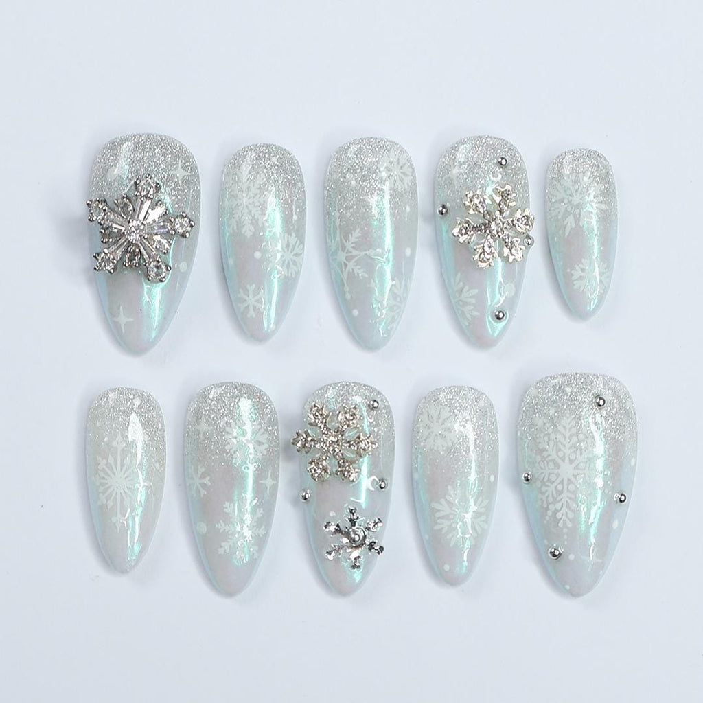 Elevate Your Holiday Spirit: Medium Almond Press-On Nails with White Crystal Snow - Perfect Sparkling Gift for Her This Christmas