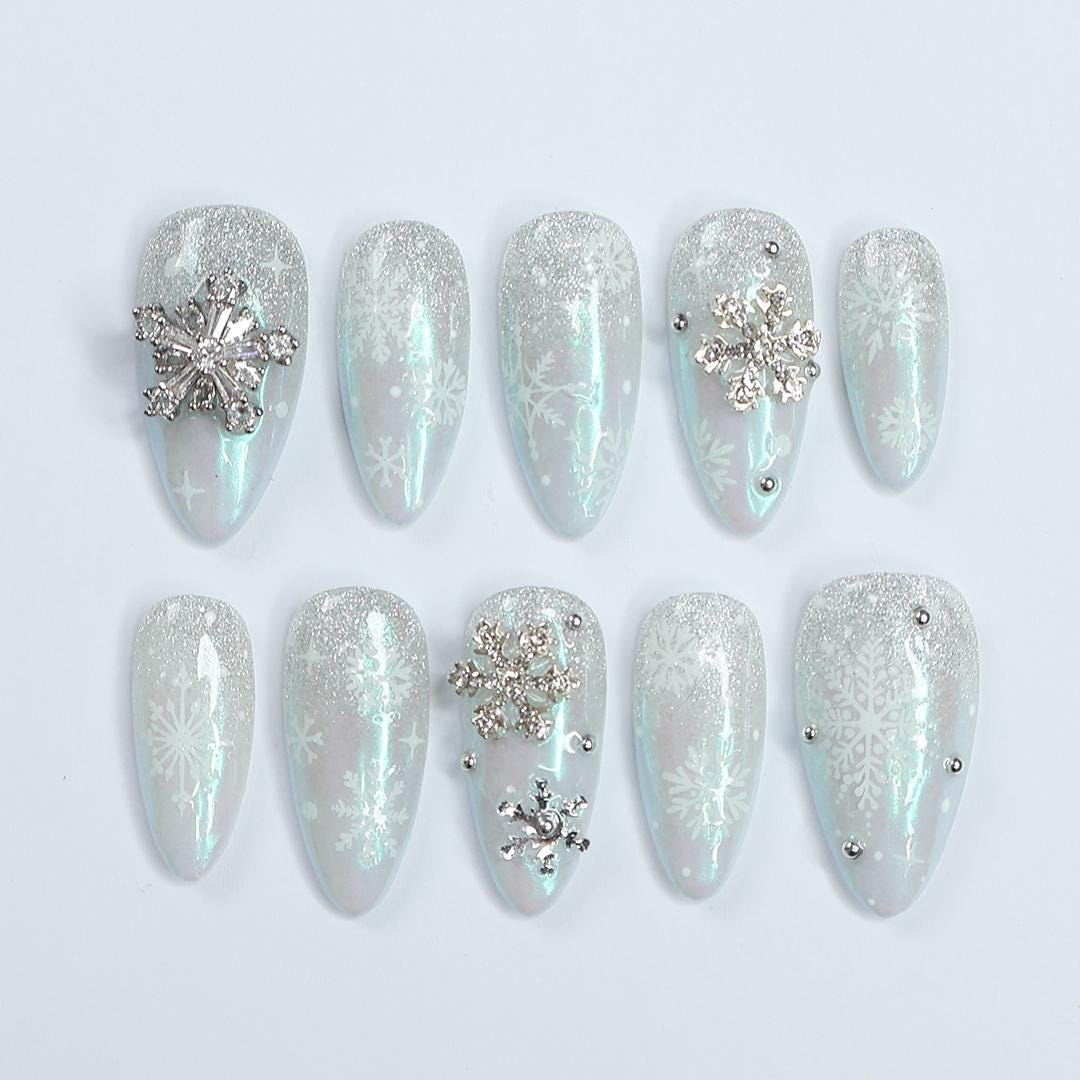 Elevate Your Holiday Spirit: Medium Almond Press-On Nails with White Crystal Snow - Perfect Sparkling Gift for Her This Christmas