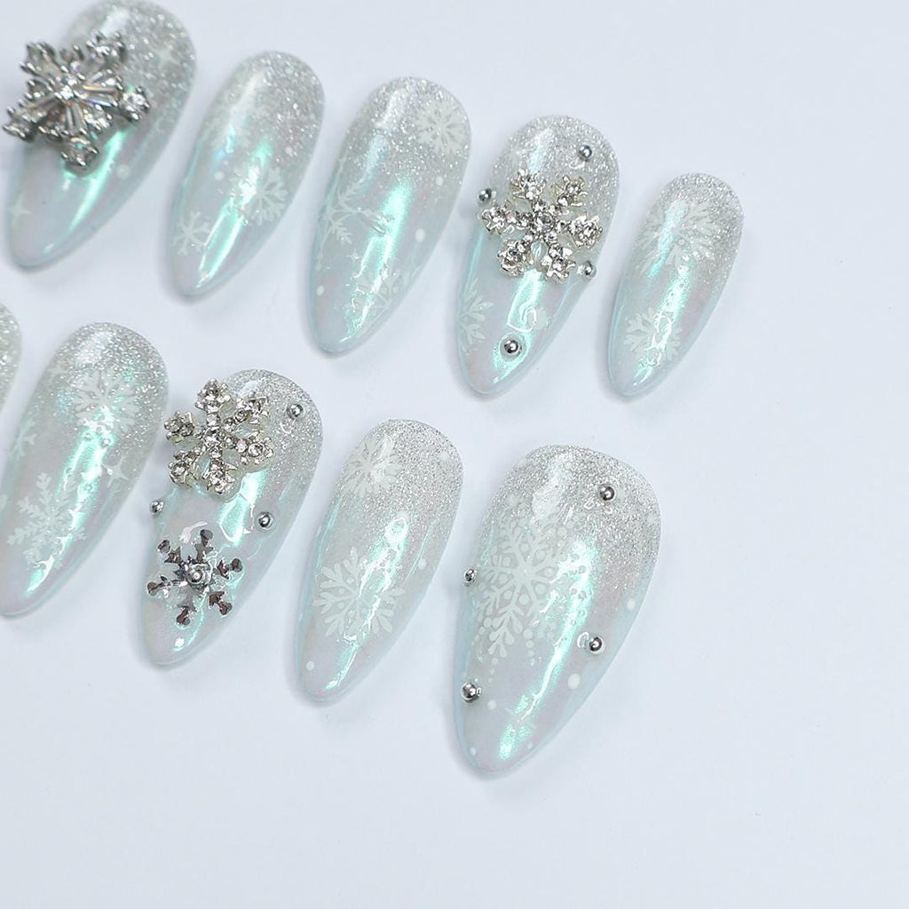 Elevate Your Holiday Spirit: Medium Almond Press-On Nails with White Crystal Snow - Perfect Sparkling Gift for Her This Christmas