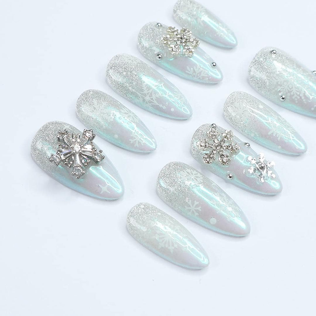 Elevate Your Holiday Spirit: Medium Almond Press-On Nails with White Crystal Snow - Perfect Sparkling Gift for Her This Christmas