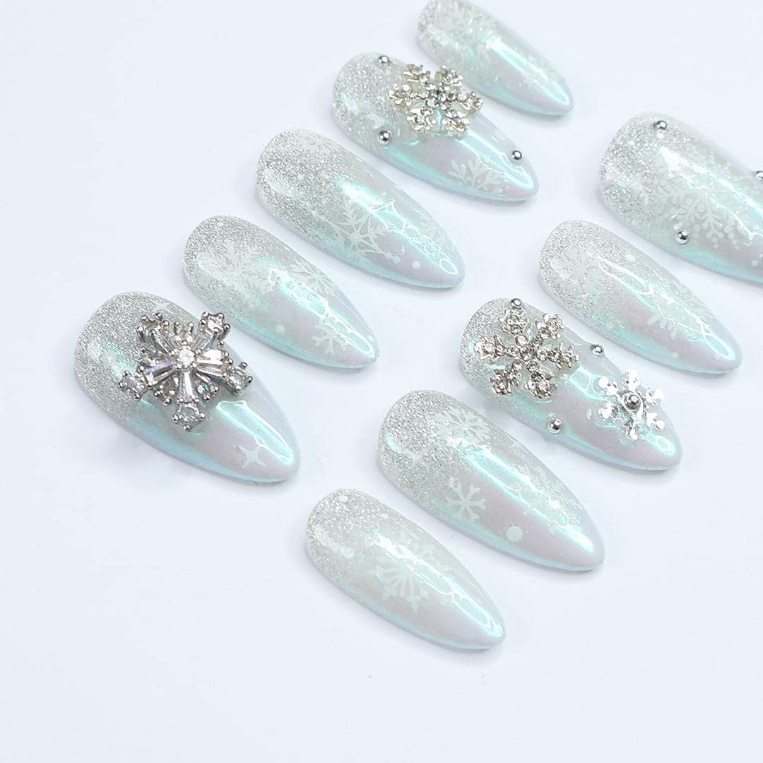 Elevate Your Holiday Spirit: Medium Almond Press-On Nails with White Crystal Snow - Perfect Sparkling Gift for Her This Christmas