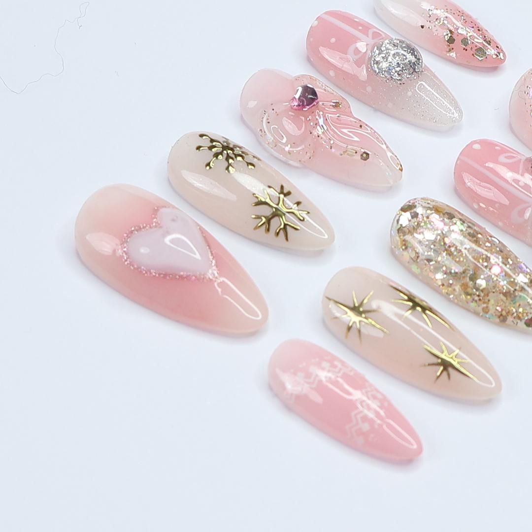 Adorable Medium Almond Press-On Nails: Festive Pink with Charming Bows & Sparkling Hearts, Perfect for Christmas Day or as a Gift for He