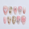 Adorable Medium Almond Press-On Nails: Festive Pink with Charming Bows & Sparkling Hearts, Perfect for Christmas Day or as a Gift for He