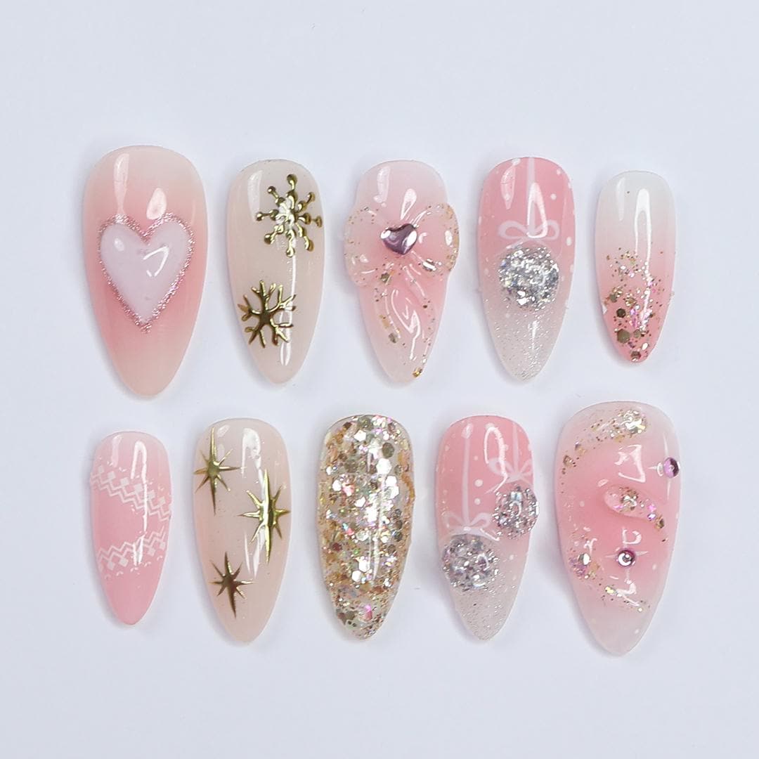 Adorable Medium Almond Press-On Nails: Festive Pink with Charming Bows & Sparkling Hearts, Perfect for Christmas Day or as a Gift for He