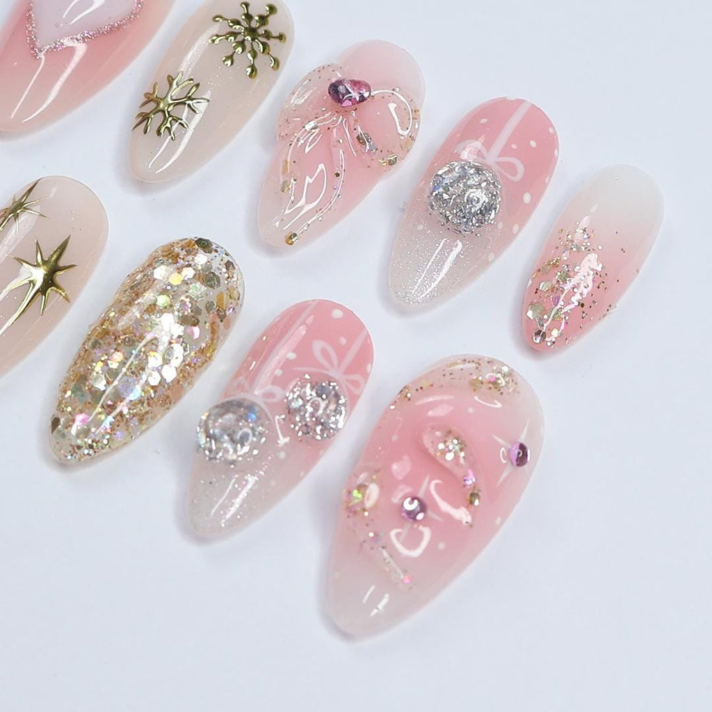Adorable Medium Almond Press-On Nails: Festive Pink with Charming Bows & Sparkling Hearts, Perfect for Christmas Day or as a Gift for He