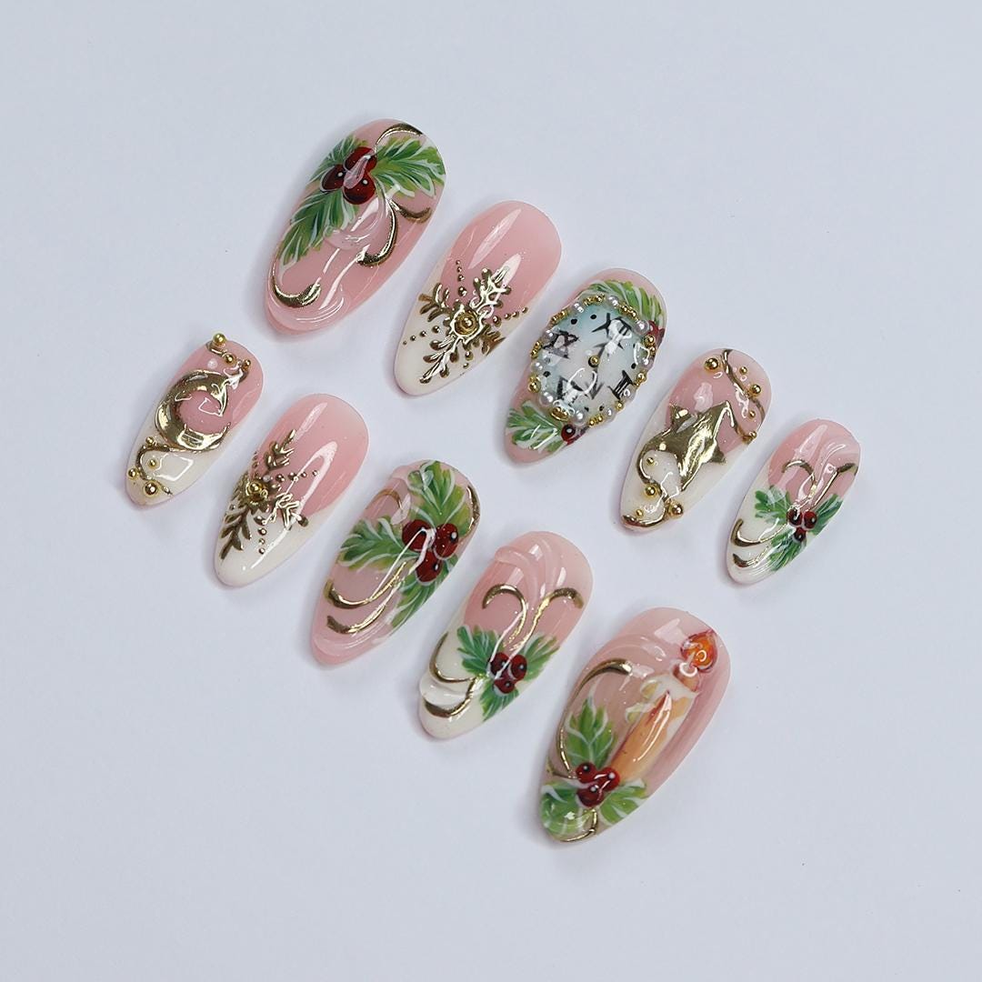Elegant Bay Leaf Medium Almond Press-On Nails with Countdown Clock and Candle, Perfect for Christmas Day & the Ideal Gift for Her