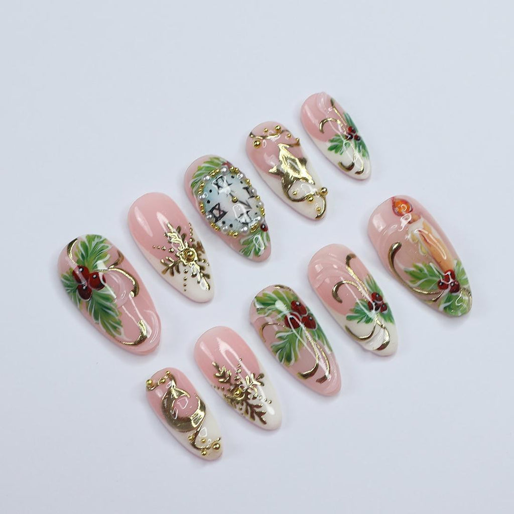 Elegant Bay Leaf Medium Almond Press-On Nails with Countdown Clock and Candle, Perfect for Christmas Day & the Ideal Gift for Her