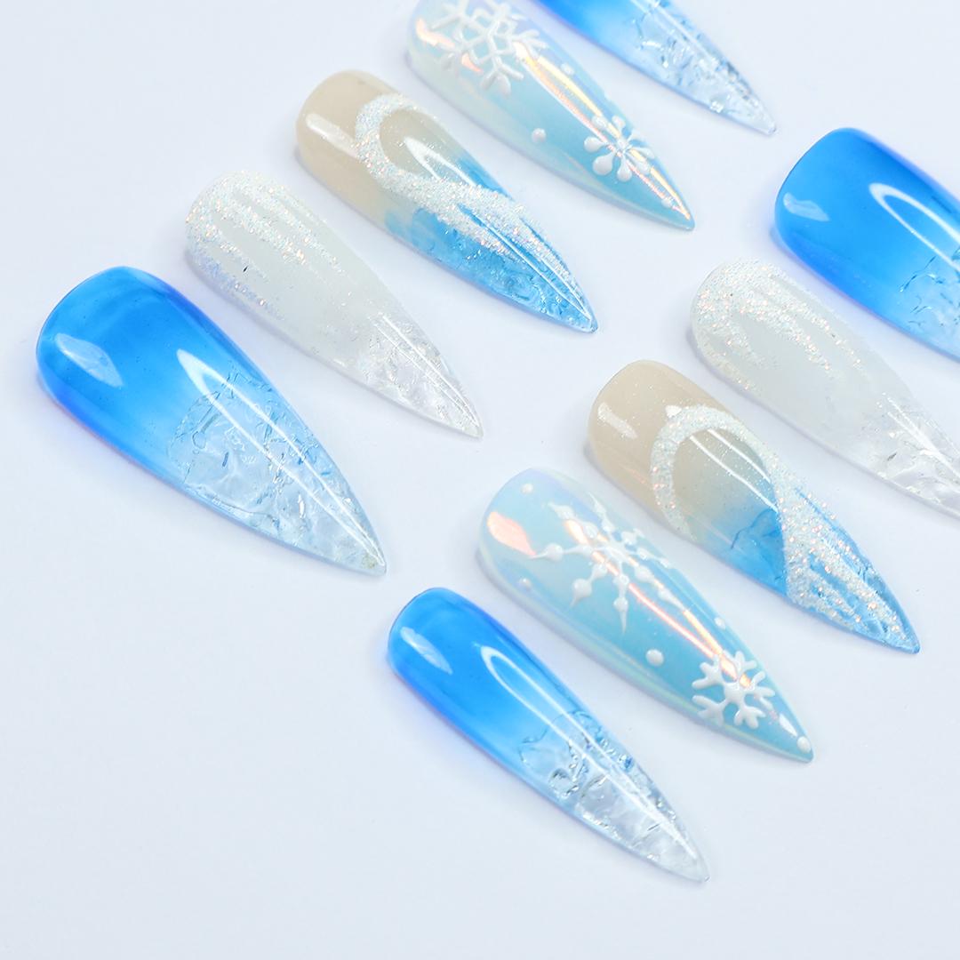 Chill Out This Christmas: Long Stiletto Press-On Nails in Icy Cold Elegance - Perfect Gift for Her to Shine in Holiday Style