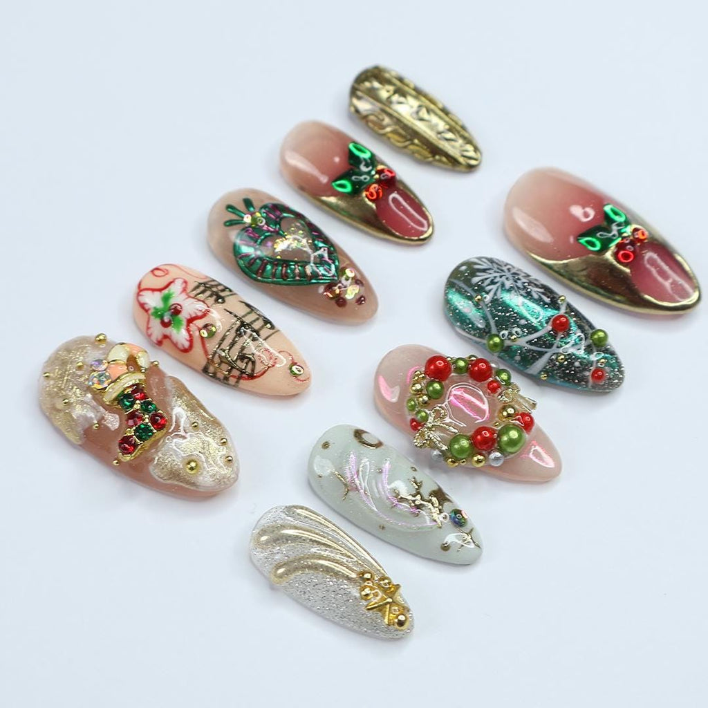 Festive Medium Almond Press-On Nails: Adorned with Laurel Wreaths, Music Notes, Socks & Hearts - Perfect Christmas Gift for Her