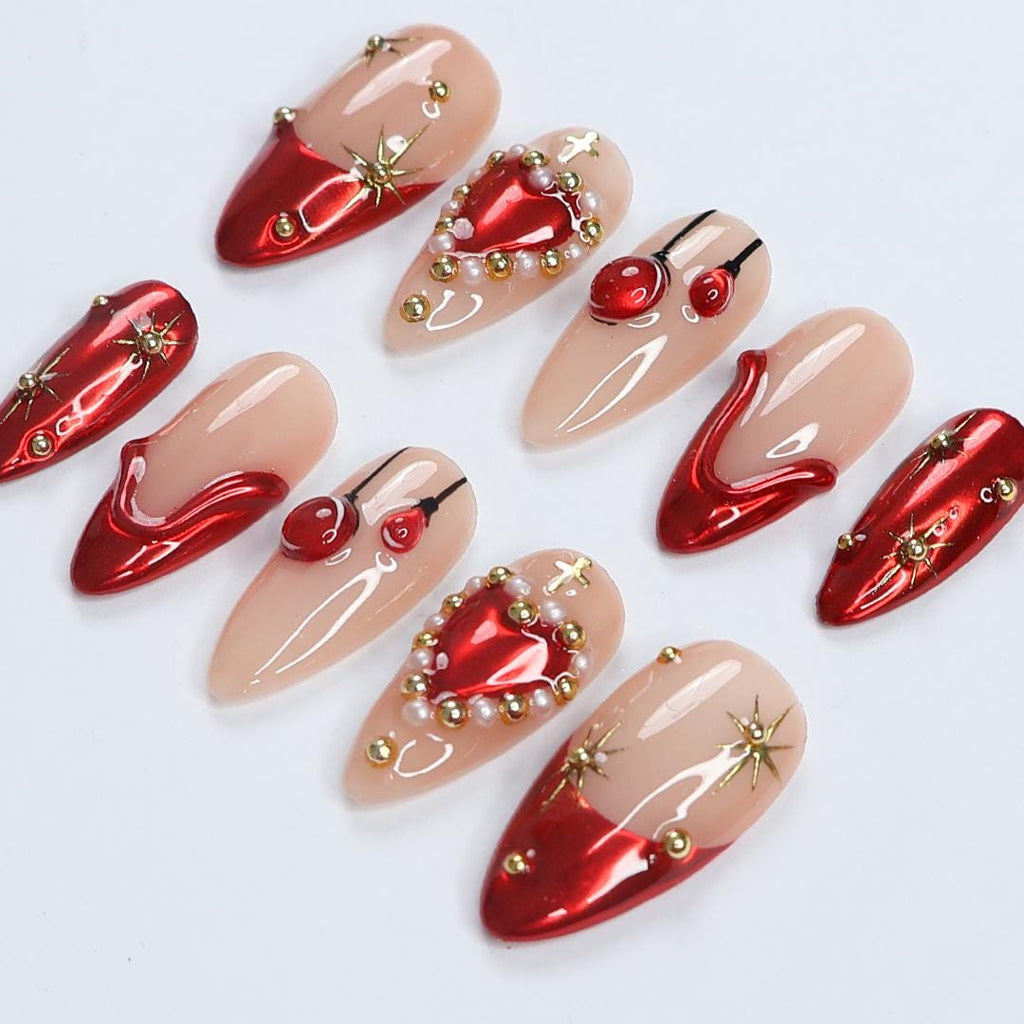 Festive Elegance: Dark Red Christmas Press-On Nails with Heart Designs & Golden Gems - Perfect Holiday Accessory or a Gift for Her