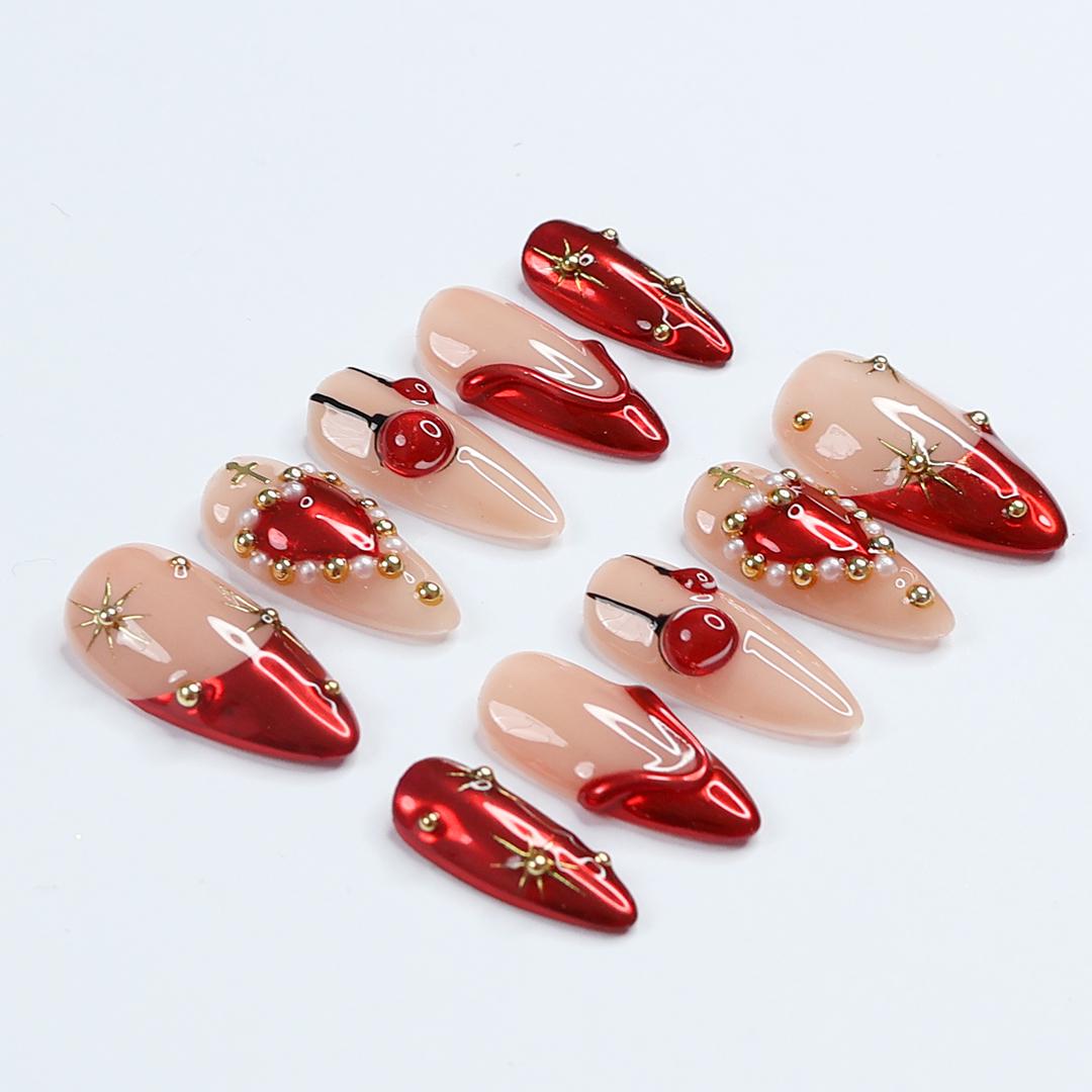 Festive Elegance: Dark Red Christmas Press-On Nails with Heart Designs & Golden Gems - Perfect Holiday Accessory or a Gift for Her
