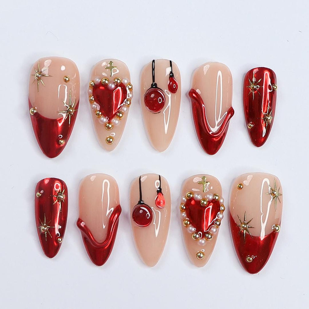 Festive Elegance: Dark Red Christmas Press-On Nails with Heart Designs & Golden Gems - Perfect Holiday Accessory or a Gift for Her