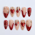Festive Elegance: Dark Red Christmas Press-On Nails with Heart Designs & Golden Gems - Perfect Holiday Accessory or a Gift for Her