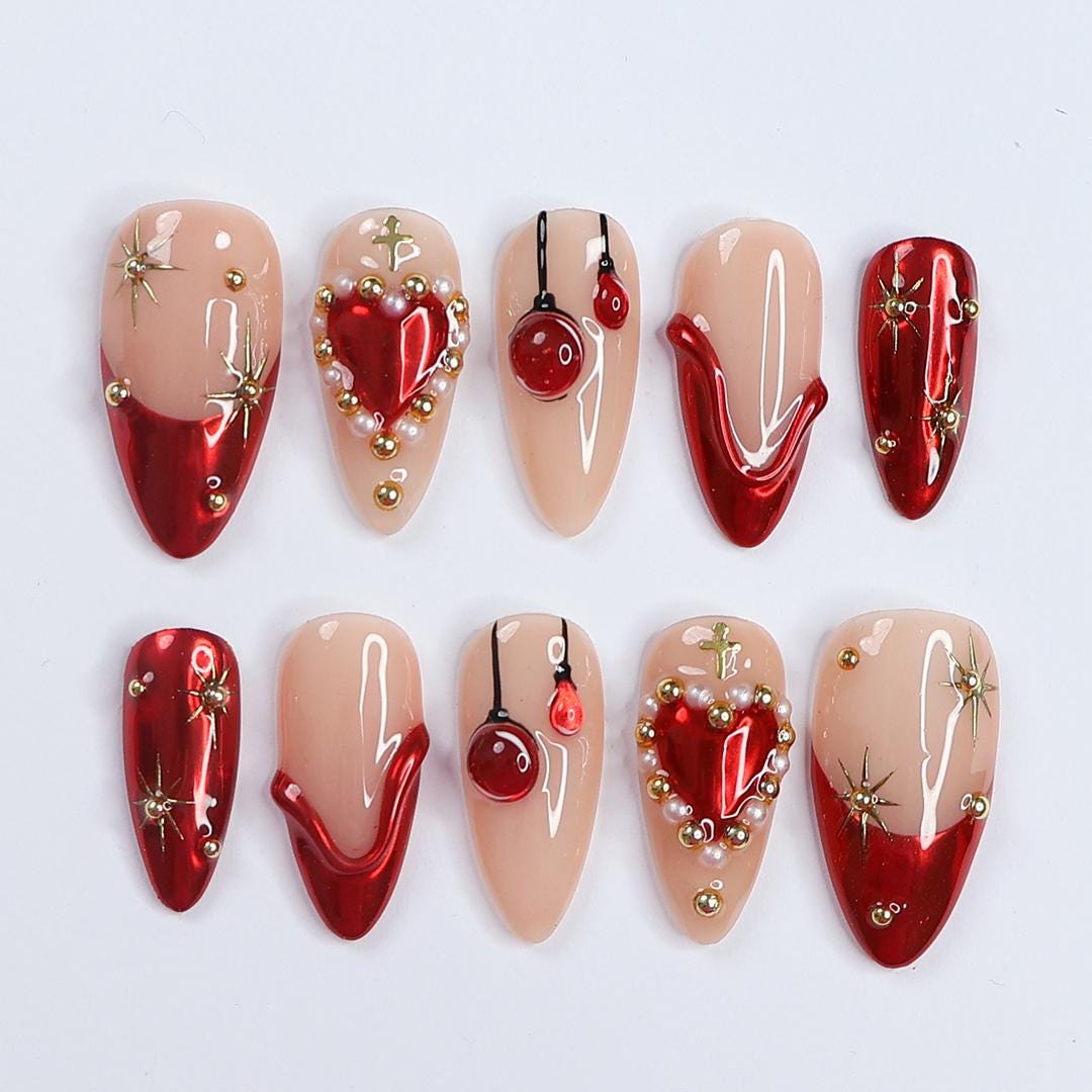 Festive Elegance: Dark Red Christmas Press-On Nails with Heart Designs & Golden Gems - Perfect Holiday Accessory or a Gift for Her