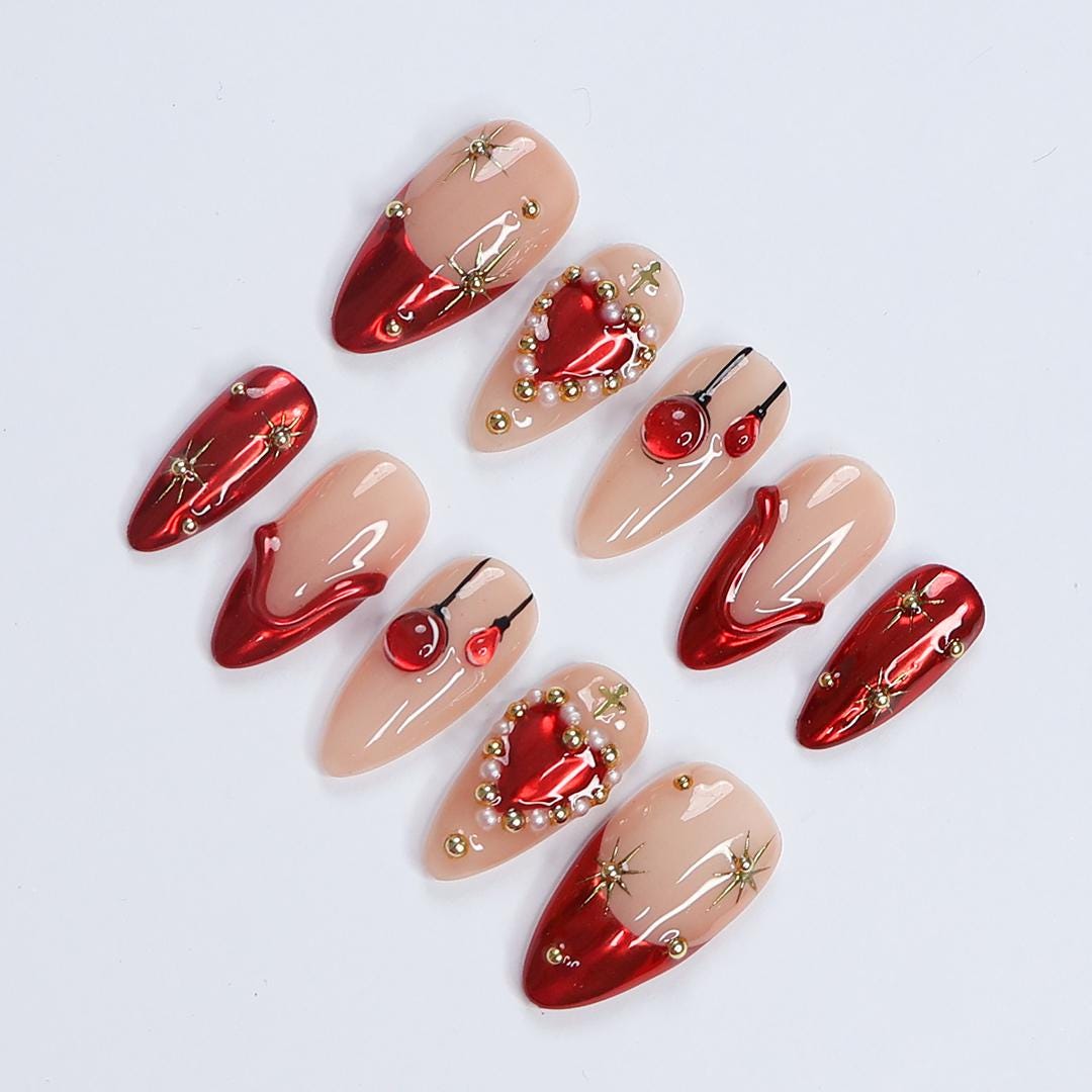Festive Elegance: Dark Red Christmas Press-On Nails with Heart Designs & Golden Gems - Perfect Holiday Accessory or a Gift for Her