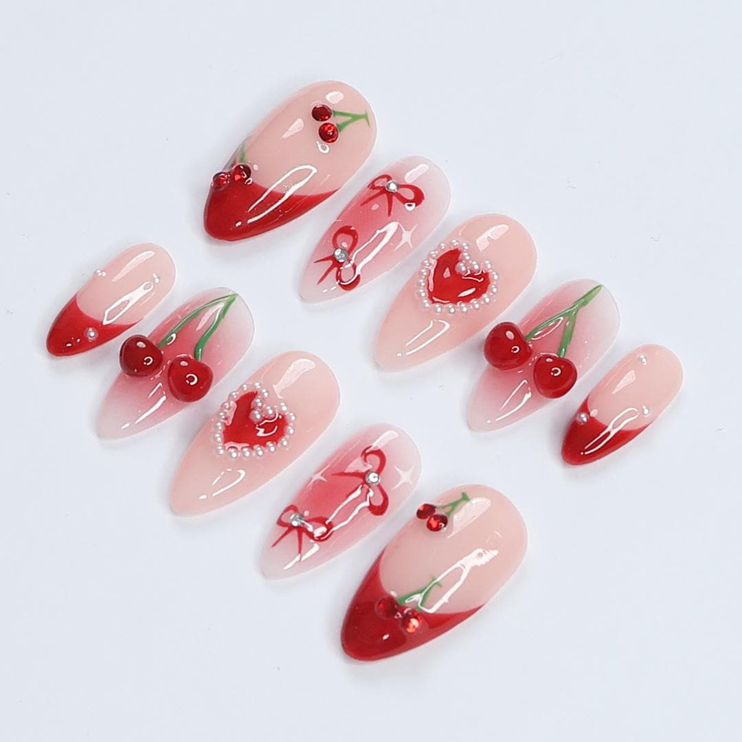 Sweet Cherry Delight, Red Theme Press-On Nails Adorned with Charming Bows and Elegant White Pearls, Perfect for Holiday or a Gift for Her