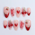 Sweet Cherry Delight, Red Theme Press-On Nails Adorned with Charming Bows and Elegant White Pearls, Perfect for Holiday or a Gift for Her