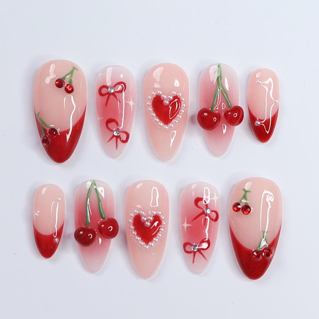 Sweet Cherry Delight, Red Theme Press-On Nails Adorned with Charming Bows and Elegant White Pearls, Perfect for Holiday or a Gift for Her