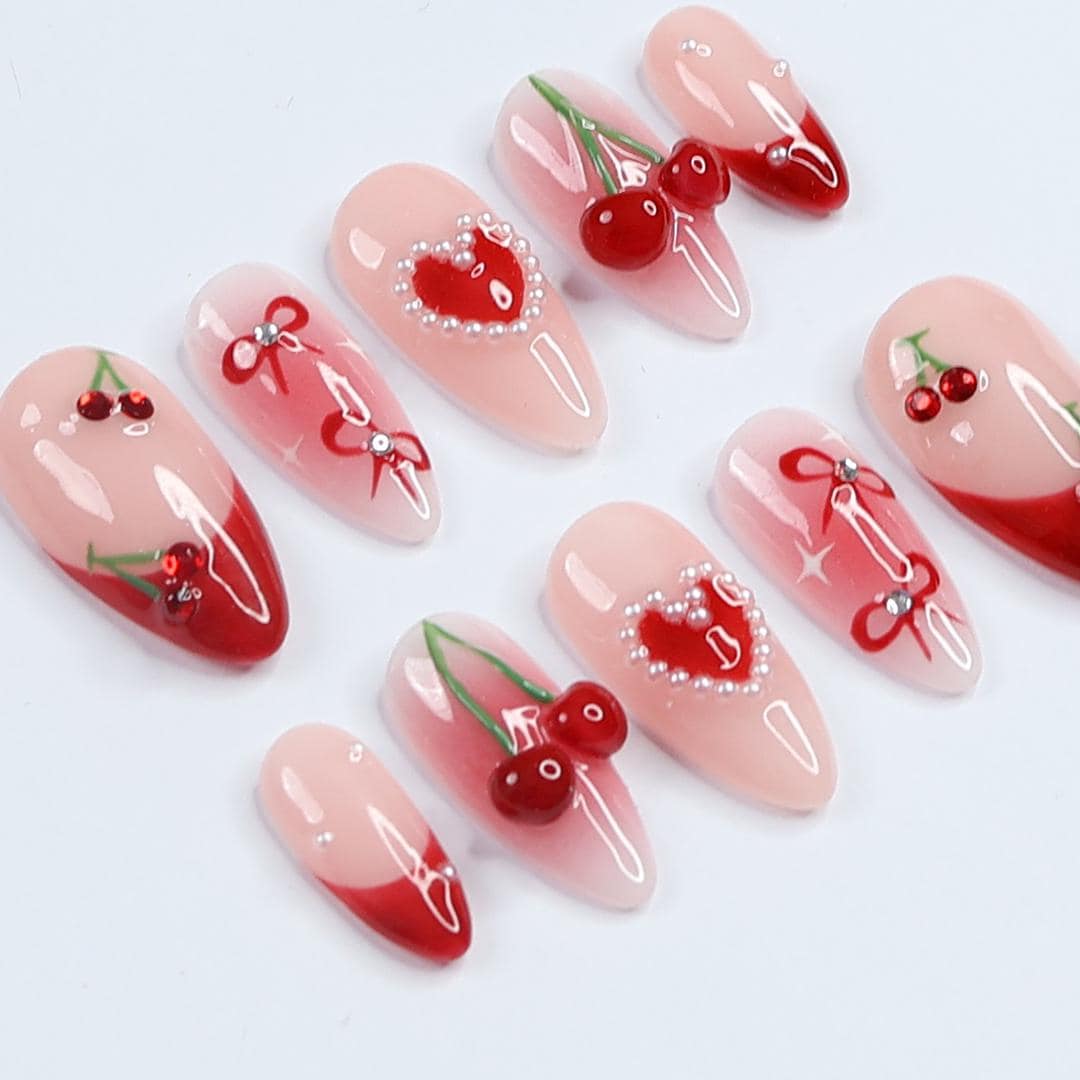 Sweet Cherry Delight, Red Theme Press-On Nails Adorned with Charming Bows and Elegant White Pearls, Perfect for Holiday or a Gift for Her