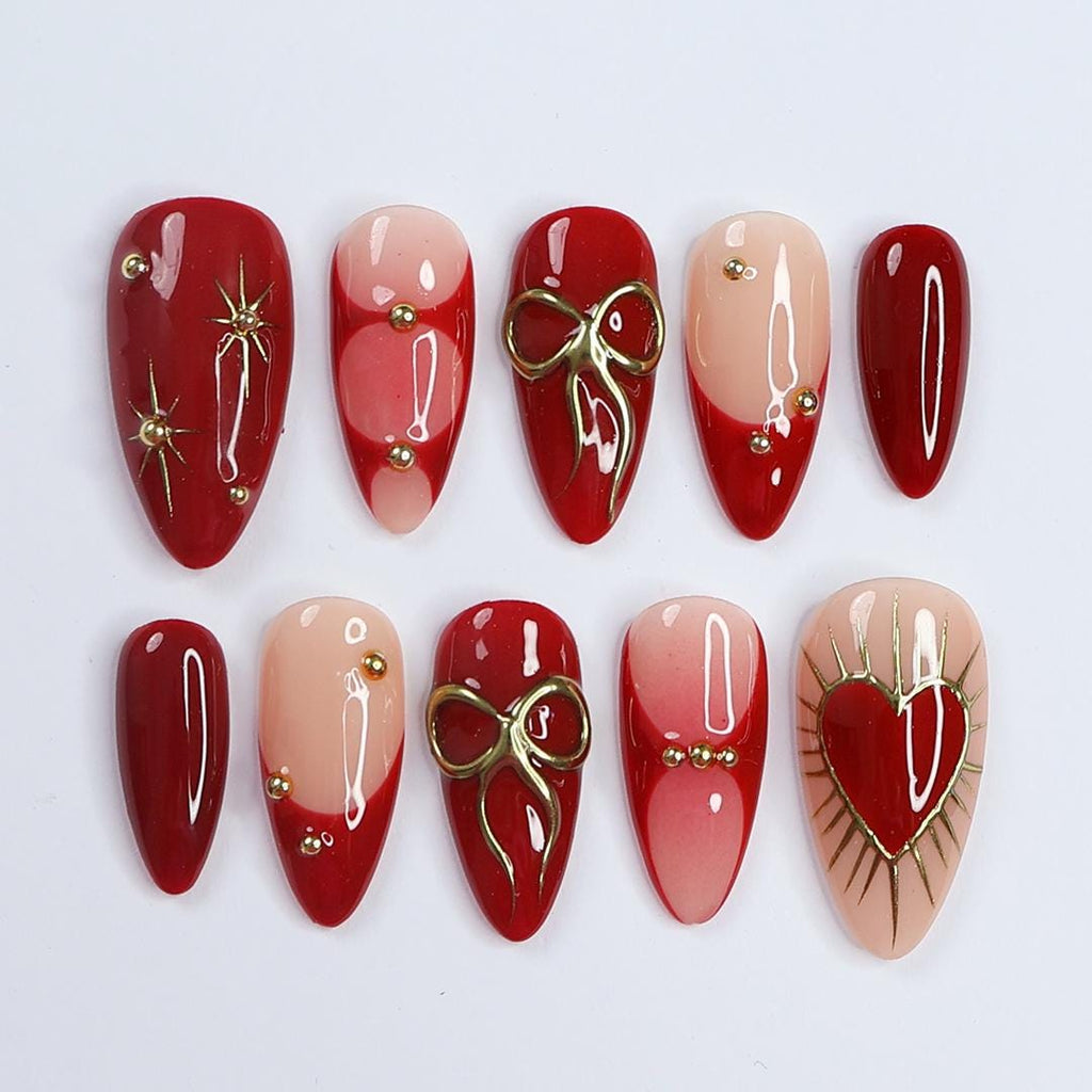Valentine Elegance, Dark Red Press-On Nails with Heart Designs & Golden Gems - Perfect Holiday Accessory or a Gift for Her