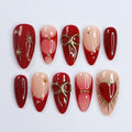Valentine Elegance, Dark Red Press-On Nails with Heart Designs & Golden Gems - Perfect Holiday Accessory or a Gift for Her