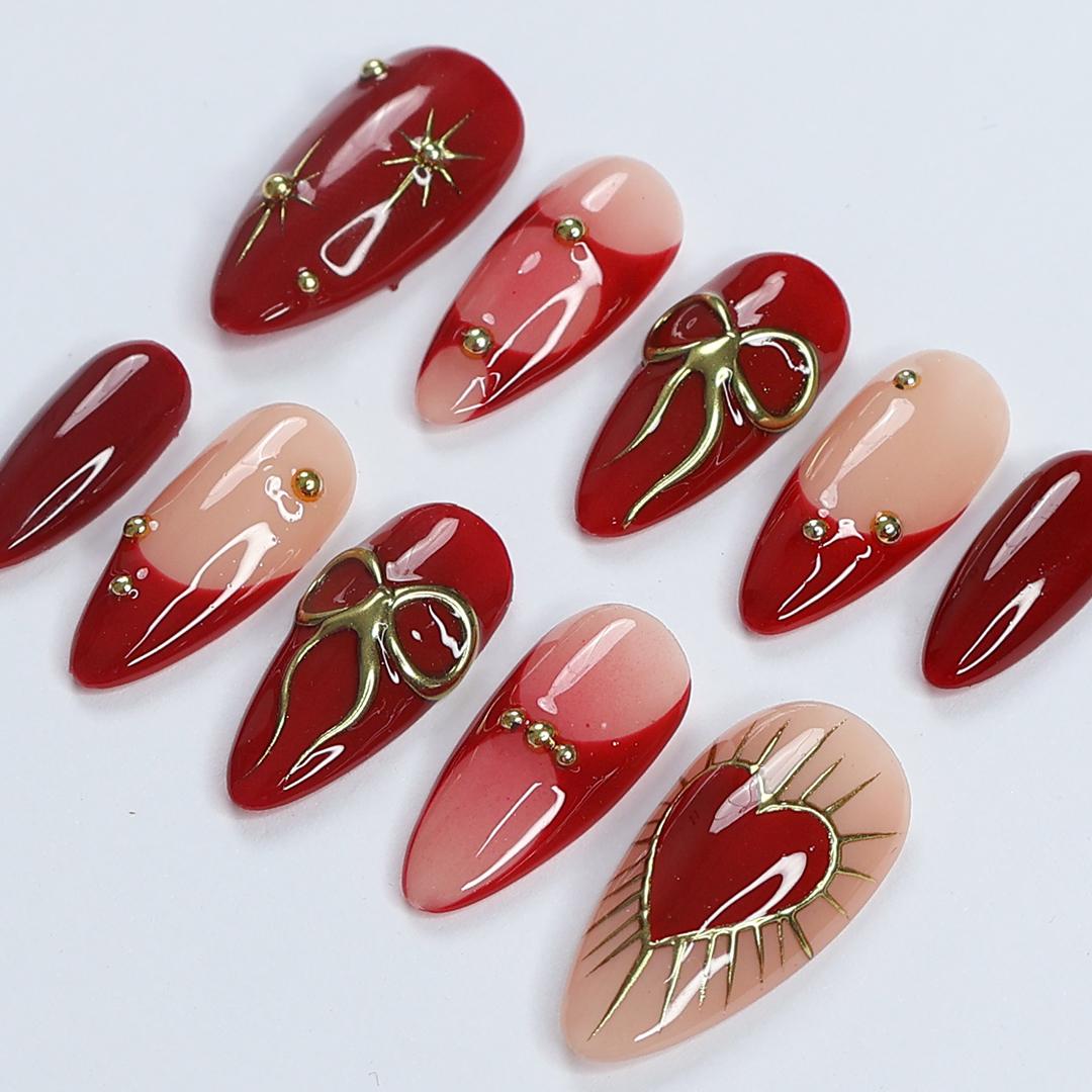 Valentine Elegance, Dark Red Press-On Nails with Heart Designs & Golden Gems - Perfect Holiday Accessory or a Gift for Her