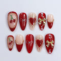 Chic Dark Red Press-On Nails: Adorned with Gold Bows, Charming Cherries & Sparkling Gems - Perfect Holiday Glam or Thoughtful Gift for Her