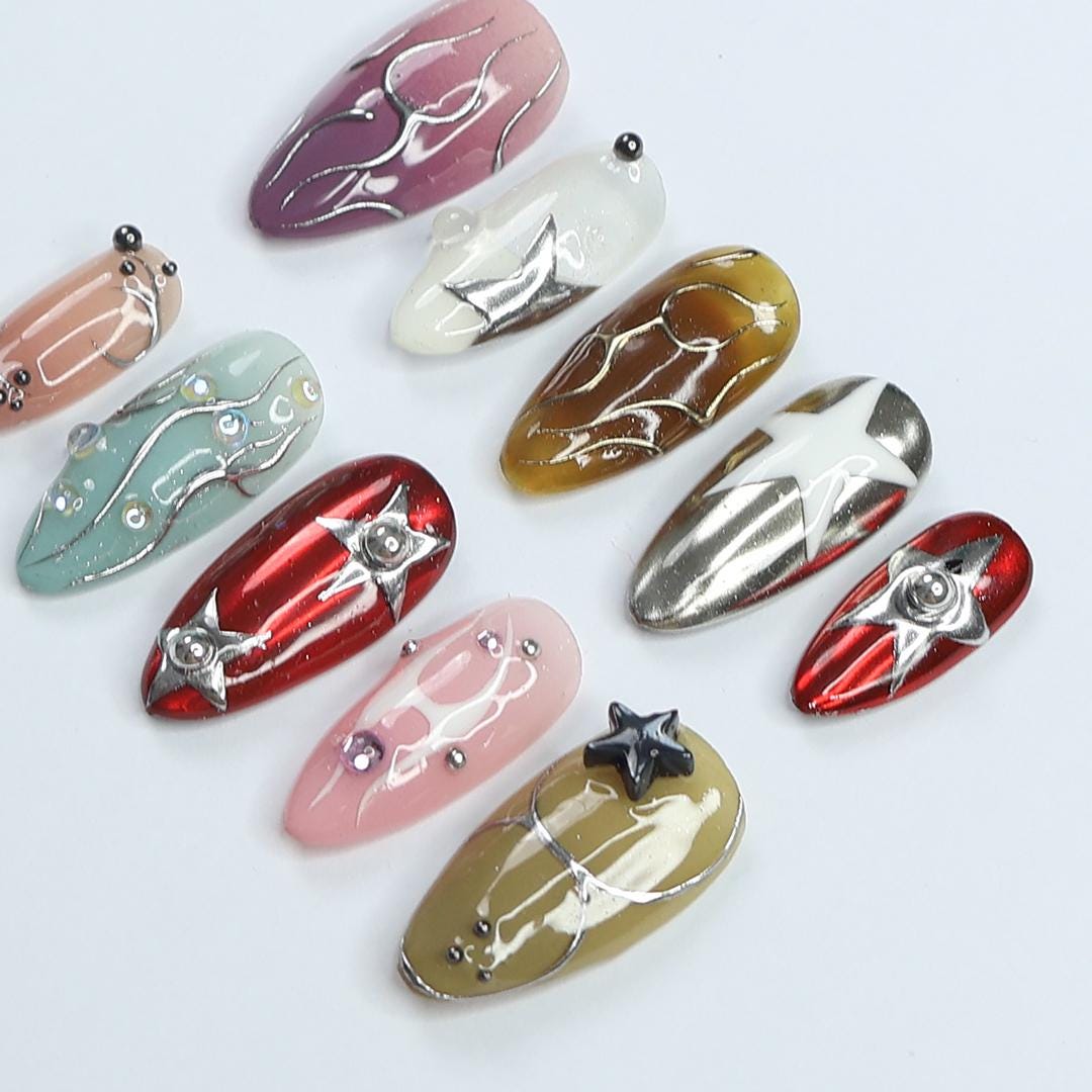 3D Freestyle Almond Goth Press On Nails, Handpainted Luxury Acrylic Gothic Fake Nails, Emo Y2K Style