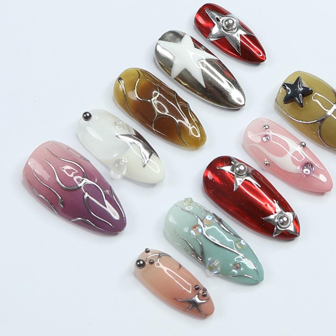 3D Freestyle Almond Goth Press On Nails, Handpainted Luxury Acrylic Gothic Fake Nails, Emo Y2K Style