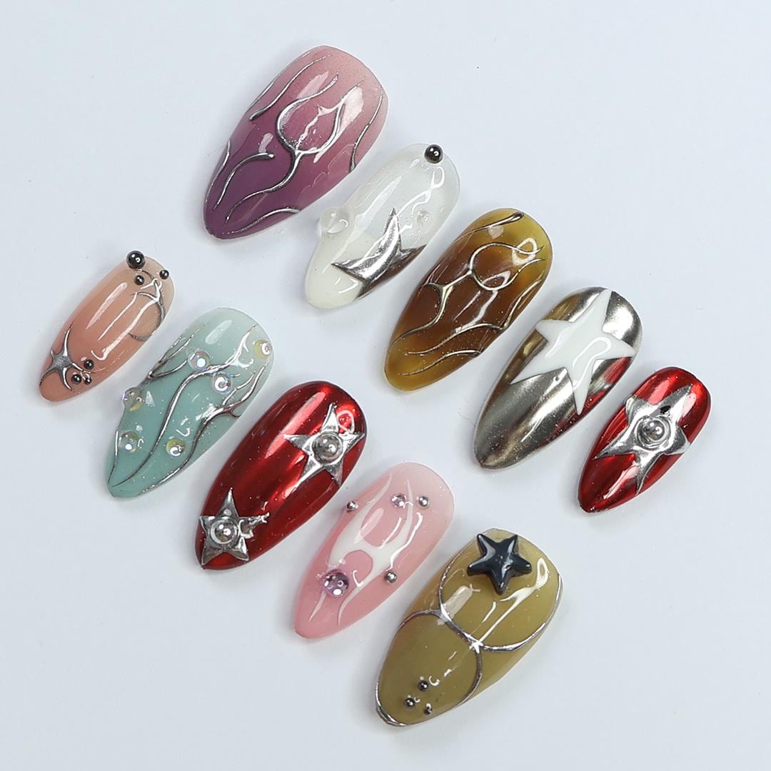 3D Freestyle Almond Goth Press On Nails, Handpainted Luxury Acrylic Gothic Fake Nails, Emo Y2K Style
