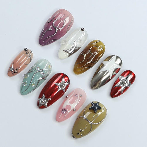 3D Freestyle Almond Goth Press On Nails, Handpainted Luxury Acrylic Gothic Fake Nails, Emo Y2K Style