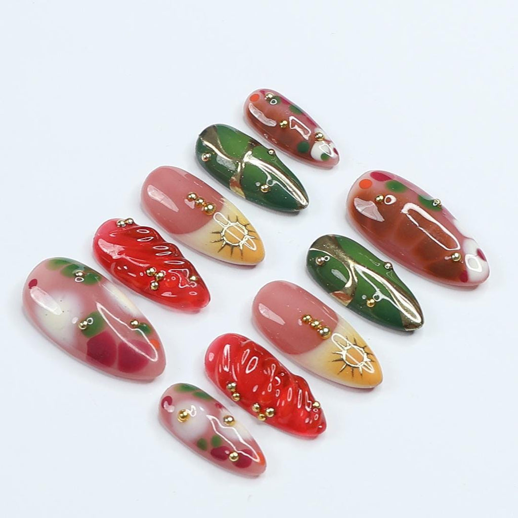 Freestyle Red & Green with Gold Chrome Long Coffin Press On Nails, Air Brush Fake Nails, Edgy Chrome Nails, Birthday Party Holiday Nail