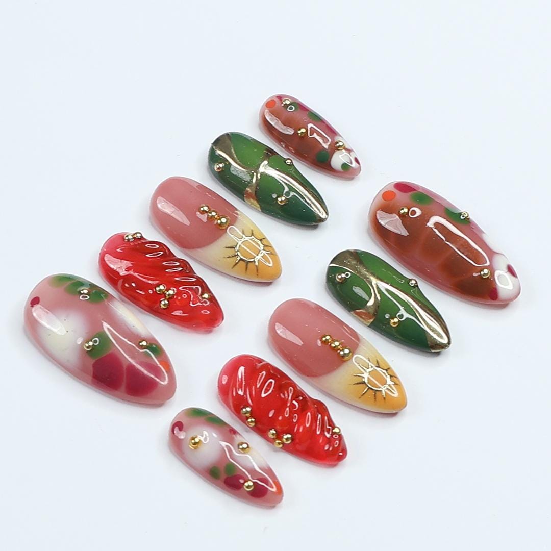 Freestyle Red & Green with Gold Chrome Long Coffin Press On Nails, Air Brush Fake Nails, Edgy Chrome Nails, Birthday Party Holiday Nail